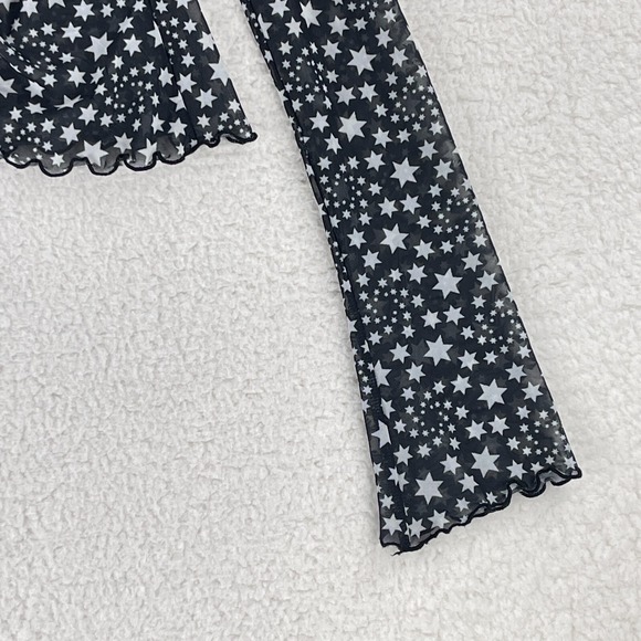 Free People Marni Sheer Top Womens Medium Black White Star Print Long Sleeve Tie - Picture 4 of 12